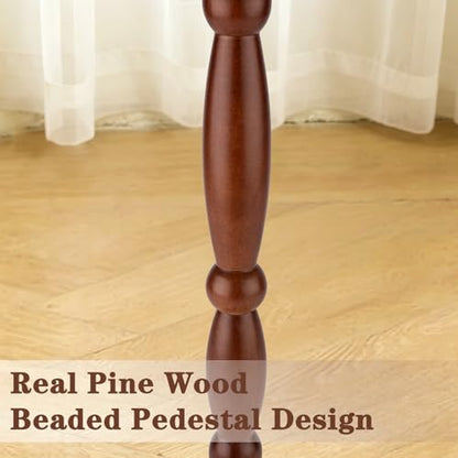 12" Real Wood Round Drink Table, Small Pedestal Side Table with Decorative Beaded Design, Accent End Table for Living Room and Bedroom, Brown