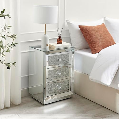 Stella Crushed Diamon Mirrored Crystal Bedside Table Bedside Cabinet Modern Stylish 3 Drawer Bedroom Storage Bedroom Furniture