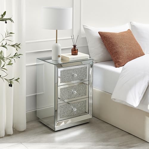 Mirrored crystal bedside table with three drawers, view 2