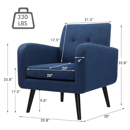 Modern Accent Chairs, Upholstered Fabric Cozy Armchairs, Living Room Side Chair with Solid Wood Legs, Blue