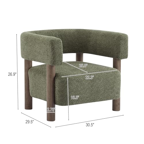 Carly Low Profile Accent Chair, Round Backrest Side Chair, Living Room Armchair with Boucle Fabric Cushion,Comfy Reading Chair for Bedroom,Wooden Single Lounge Sofa,Olive Green