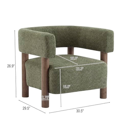 Carly Low Profile Accent Chair, Round Backrest Side Chair, Living Room Armchair with Boucle Fabric Cushion,Comfy Reading Chair for Bedroom,Wooden Single Lounge Sofa,Olive Green