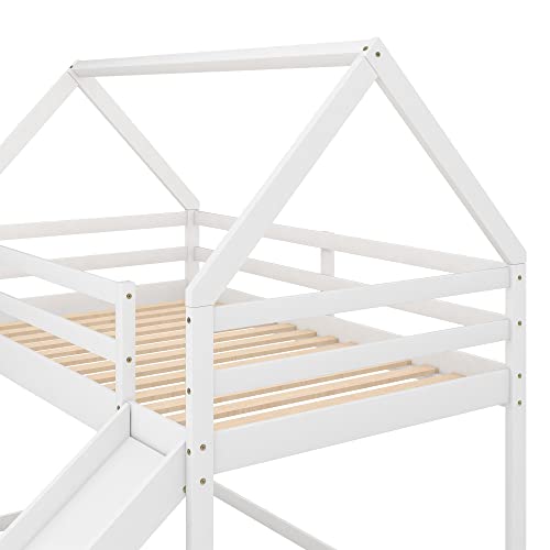 House Bed Bunk Beds with Slide, Wood Bunk Beds with Roof and Guardrail Twin Over Twin Bunk Bed for Kids, Toddlers, No Box Spring Needed (New, White)