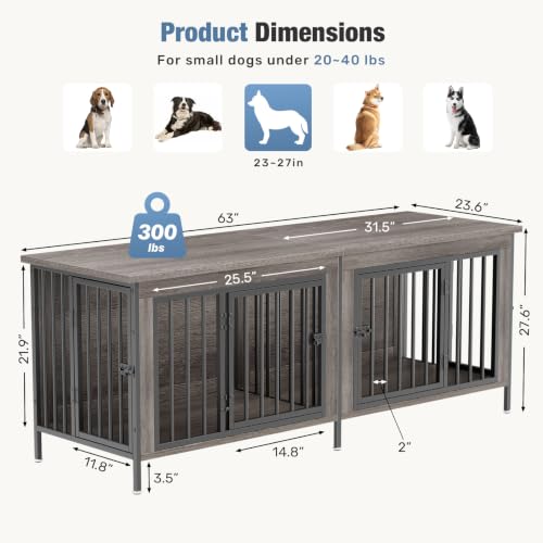 63" Dog Crate Furniture for 2 Dogs with Divider, Gray Wood Grain, view 7