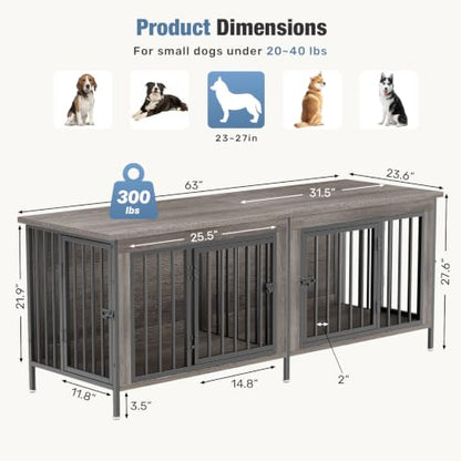 63" Dog Crate Furniture for 2 Dogs with Divider, Gray Wood Grain, view 7