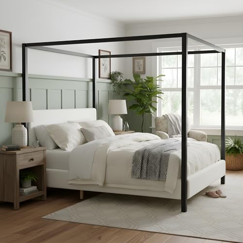 Modern King Szie Metal Canopy Bed with Plush Bouclé Upholstery, view 5