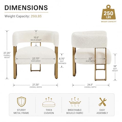 Barrel Accent Chairs Set of 2, Modern Side Chair with Golden Metal Legs, Sherpa Upholstered Reading Armchair, Boucle Club Chairs for Living Room/Reception Room/Bedroom/Office, White