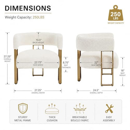 Barrel Accent Chairs Set of 2, Modern Side Chair with Golden Metal Legs, Sherpa Upholstered Reading Armchair, Boucle Club Chairs for Living Room/Reception Room/Bedroom/Office, White