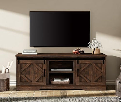 25.6"H Farmhouse TV Stand for 75" TV with Barn Doors& Hidden Storage | 66.1" W Rustic Country-Style TV Cabinet with Smooth Barn Door Slides,Holds 135+ CDs,Height-Adjustable Media Shelf