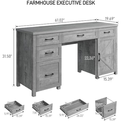 Farmhouse 61'' Executive Desk with 5 Drawers,Grey, view 3