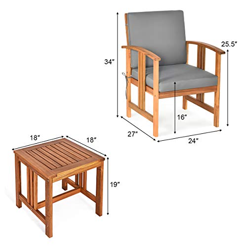 3 Pieces Patio Furniture Set, Includes Set of 2 Outdoor Acacia Wood Cushioned Chairs and Coffee Table, for Garden, Backyard, Poolside, Bistro and Deck, Patio Conversation Chat Set (Gray)