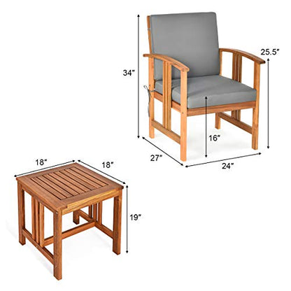 3 Pieces Patio Furniture Set, Includes Set of 2 Outdoor Acacia Wood Cushioned Chairs and Coffee Table, for Garden, Backyard, Poolside, Bistro and Deck, Patio Conversation Chat Set (Gray)