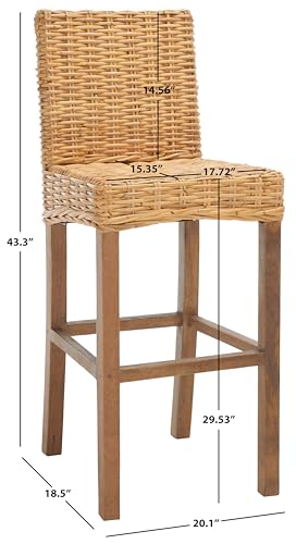 SAFAVIEH Furniture - Tobie Rattan Bar Stool - 29.53" Seat Height - Natural & Golden Brown - Mango Wood - Coastal Rattan-Seat Design - Ideal for Kitchen, Dining Room - Fully Assembled (BST6500A)
