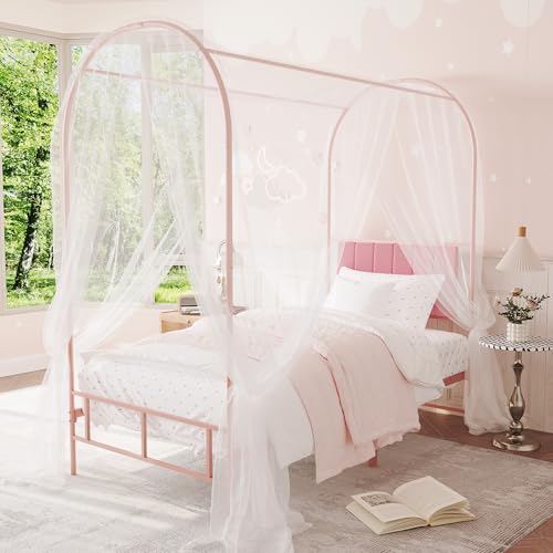 Twin Canopy Bed Frame with Upholstered Headboard, view 7