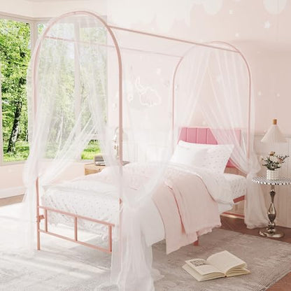 Twin Canopy Bed Frame with Upholstered Headboard, view 7