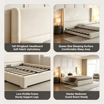 Queen Carmen Wingback Platform Bed 54" High Ivory Canvas Upholstered Headboard, view 4