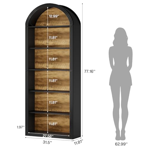 6-Tier Black Arched Bookshelf, 77.16" Tall Arched Bookcase with Storage Shelves, view 4