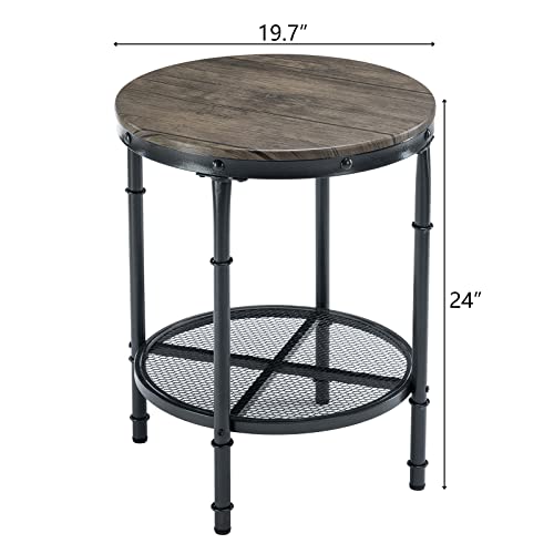 20" Side Table, Round End Tables Living Room, Industrial Small End Table with Metal Mesh, Rustic Farmhouse Side Tables for Bedroom, Office, Corner, Walnut