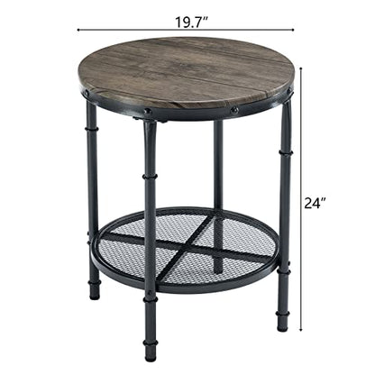 20" Side Table, Round End Tables Living Room, Industrial Small End Table with Metal Mesh, Rustic Farmhouse Side Tables for Bedroom, Office, Corner, Walnut