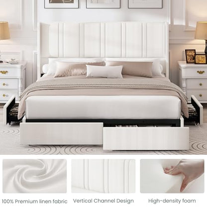 King Size Bed Frame with 4 Storage Drawers and Wingback Headboard Linen, view 6