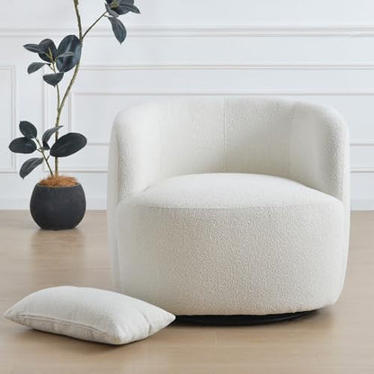 34" Wide Sherpa Swivel Barrel Chair, No Assembly Round Boucle Upholstered Accent Chair Armchair Single Sofa Chair with Toss Pillow for Living Room and Bedroom, Beige