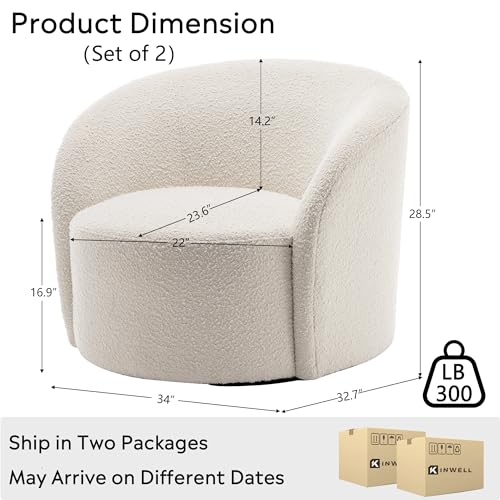 34" W Swivel Barrel Chair Set of 2, Mid Century Modern Round Upholstered Boucle Swivel Accent Chairs, No Assembly Sofa Chair for Living Room Bedroom Reading, Cream