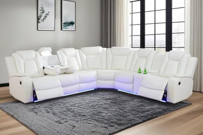Power Recliner Sofa Set Sectional Couches with LED Light for Living Room, Leather Reclining Corner Sectional Sofa Set with 2 Recliner Seats, Cup Holder, Storage Console, Creamy White