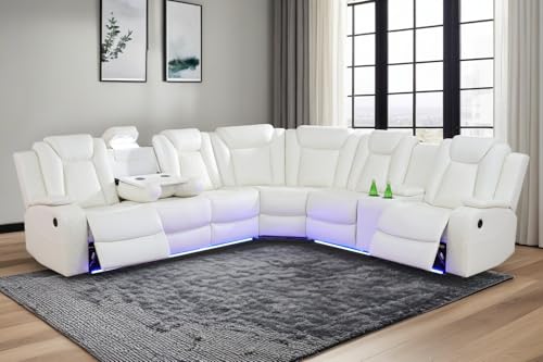 Power Recliner Sofa Set Sectional Couches with LED Light for Living Room, Leather Reclining Corner Sectional Sofa Set with 2 Recliner Seats, Cup Holder, Storage Console, Creamy White