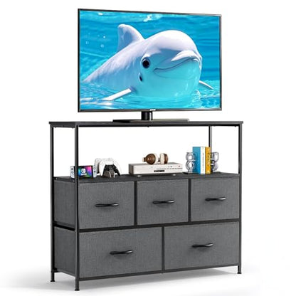 TV Stand, 5 Fabric Drawers Entertainment Center for TV up to 45 inch Wooden Media Console Table with Open Shelf, for Living Room, or Small Space, Gray