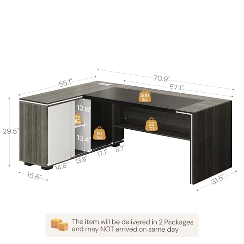 71" Executive Desk with Storage Cabinet, Modern L-Shaped Office Desk with Bookshelf, Storage Shelves, CPU Stand & Cable Management, Large Computer Workstation for Home Office (Gray)