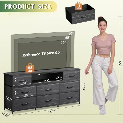 Dresser TV Stand for 65 Inch TV, 8 Drawers, LED, Black Wood Grain, view 3