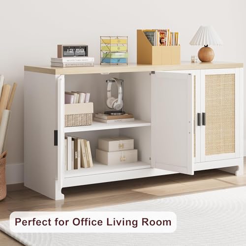 GAOMON 60" Rattan Buffet Cabinet - 4-Door Woven Storage Sideboard with Adjustable Shelves, White Farmhouse Console Table for Dining Room, Living Room & Entryway