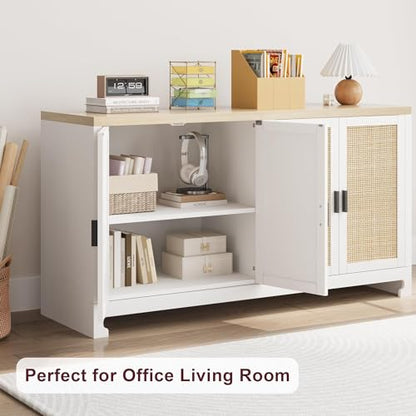 GAOMON 60" Rattan Buffet Cabinet - 4-Door Woven Storage Sideboard with Adjustable Shelves, White Farmhouse Console Table for Dining Room, Living Room & Entryway