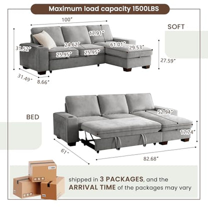 99" Convertible Sleeper Sofa Bed,L Shaped with Storage Chaise Pull Out Couch for Living Room,USB and Type-C,Removable Washable Chenille Covers (Gray)