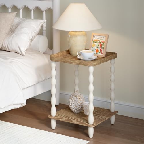 End Table, 2-Tier Farmhouse Side Table, 18.9'' Handcrafted Weathered Wooden Nightstand, Pine Leg, Square Arc Small End Tables for Living Room, Small Space, Bedroom, Boho, Easy Assembly, Beige