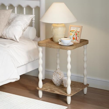 End Table, 2-Tier Farmhouse Side Table, 18.9'' Handcrafted Weathered Wooden Nightstand, Pine Leg, Square Arc Small End Tables for Living Room, Small Space, Bedroom, Boho, Easy Assembly, Beige