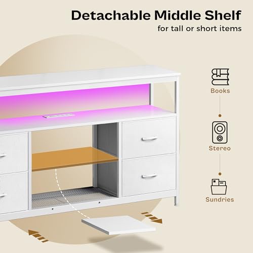 TV Stand Dresser with Power Outlets and LED Lights, 4 Drawers Entertainment Center with Shelves, 54 Inch Media Console for 55 60 Inch TV, 4 AC Outlets, 2 USBs, Dresser with PU Finish, White