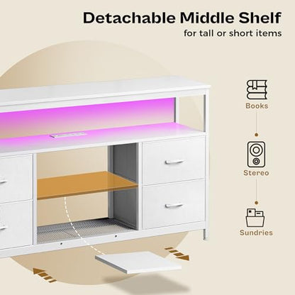 TV Stand Dresser with Power Outlets and LED Lights, 4 Drawers Entertainment Center with Shelves, 54 Inch Media Console for 55 60 Inch TV, 4 AC Outlets, 2 USBs, Dresser with PU Finish, White