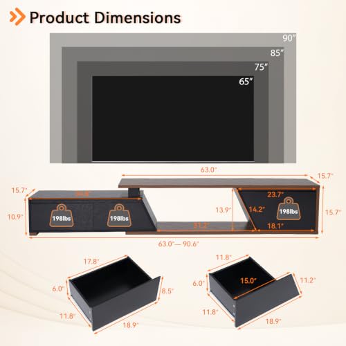 Extendable TV Stand, LED Entertainment Center, 63" - 90.6", view 3