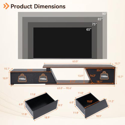 Extendable TV Stand, LED Entertainment Center, 63" - 90.6", view 3