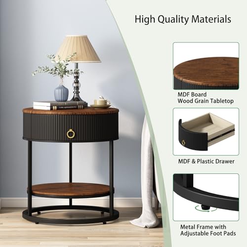 Round End Table with Drawer, Wood Grain Bedside Table, Brown and Black | 2-Tier Nightstand with Drawer, Side Table, Shelf, MDF Board, PVC, Metal Frame, Living Room, Bedroom, office