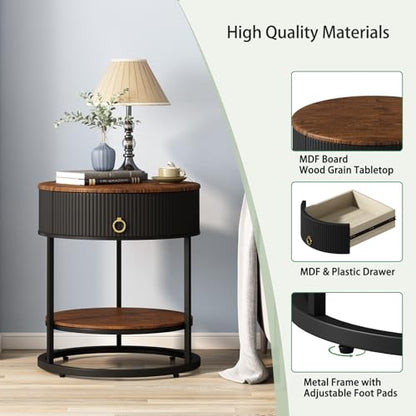 Round End Table with Drawer, Wood Grain Bedside Table, Brown and Black | 2-Tier Nightstand with Drawer, Side Table, Shelf, MDF Board, PVC, Metal Frame, Living Room, Bedroom, office