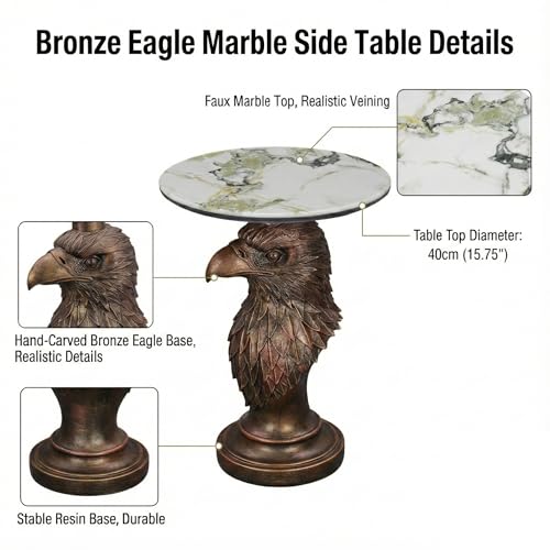 Eagle Head Accent Side Table - End Table with Faux Marble Top Unique Eagle Statue Decor for Living Room Bedroom Entryway Elegant Animal Sculpture Modern Classical Decoration, Bronze