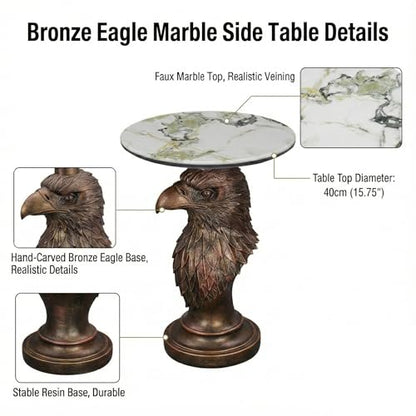 Eagle Head Accent Side Table - End Table with Faux Marble Top Unique Eagle Statue Decor for Living Room Bedroom Entryway Elegant Animal Sculpture Modern Classical Decoration, Bronze