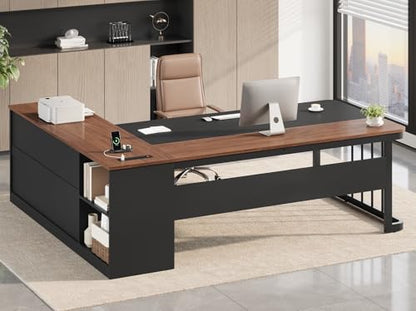 71" Executive Desk, Large Office Desk with Drawers & Storage Shelves, Modern L Shaped Computer Desk Corner Desk with Power Outlets, File Cabinet, Business Furniture Desk Workstation (Walnut)