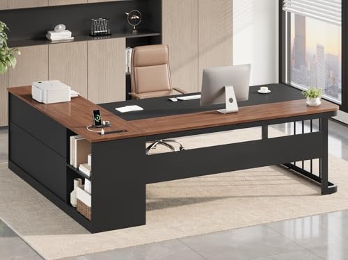 71" Executive Desk, Large Office Desk with Drawers & Storage Shelves, Modern L Shaped Computer Desk Corner Desk with Power Outlets, File Cabinet, Business Furniture Desk Workstation (Walnut)