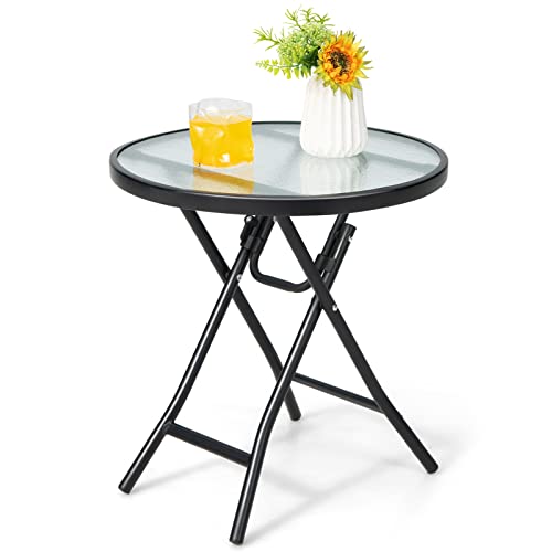 Round folding outdoor side table with tempered glass top, view 2