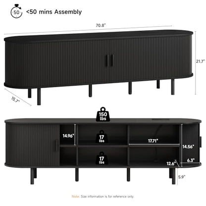 70.8" TV Stand with Power Outlet for TVs up to 75 Inch, Entertainment Center with Storage and Adjustable Shelves, Modern Media Console with Sliding Doors for Living Room, Black
