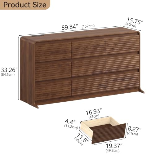 Walnut Fluted 9-Drawer Dresser for Bedroom w/Power Outlet, view 4