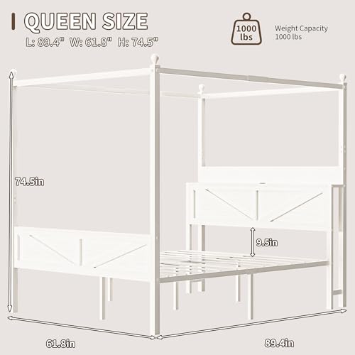 Queen Size Canopy Bed Frame with Barn Door Storage Headboard, Beige, view 3